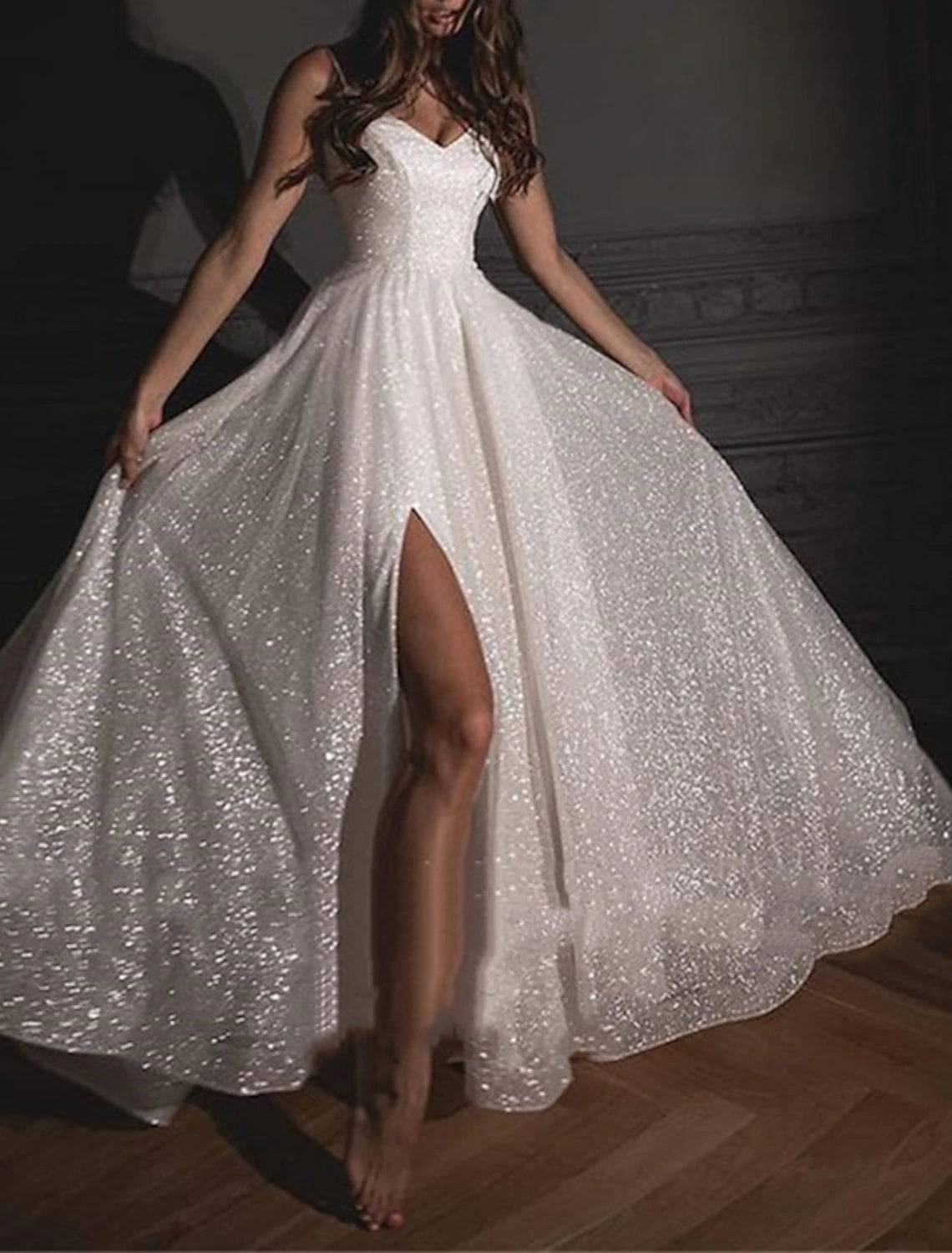 Wholesale Bridal Shower Sparkle & Shine Wedding Dresses A-Line Sweetheart Camisole Spaghetti Strap Floor Length Sequined Bridal Gowns With Sequin Split Front